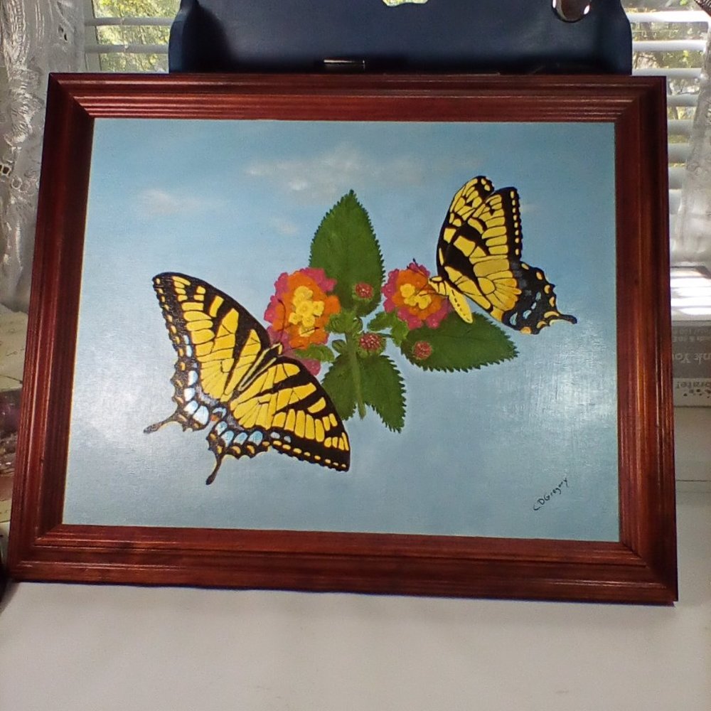 Beautiful Tiger Swallow Tails Painting Acrylic "Flower Tigers on Lantana Flower"